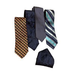 Bundle of four navy blue ties silk poly 1 pocket square‎ office work wedding